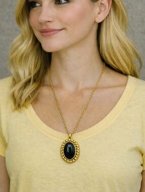 Gold Pendant Necklace with Black Stone - Women Jewelry